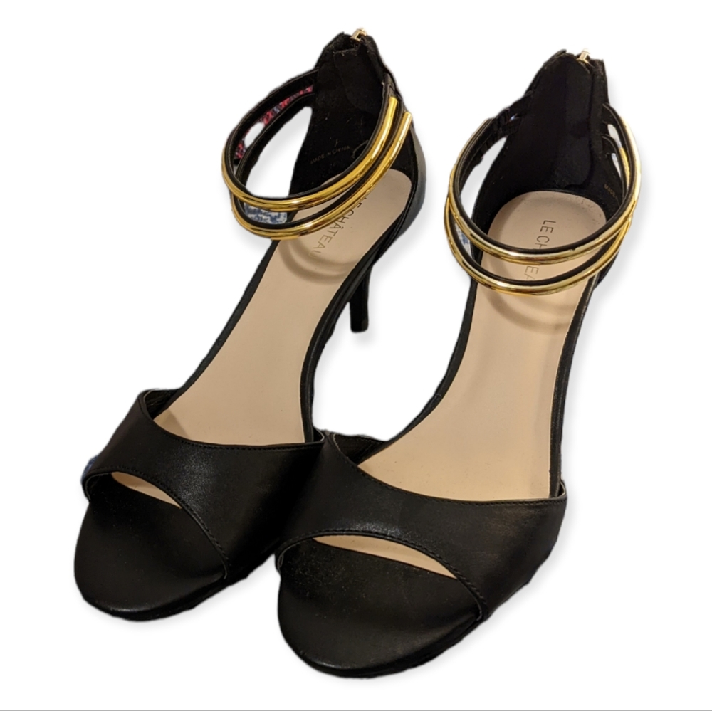 Le chateau Gold ankle strap black heels Size 7.5